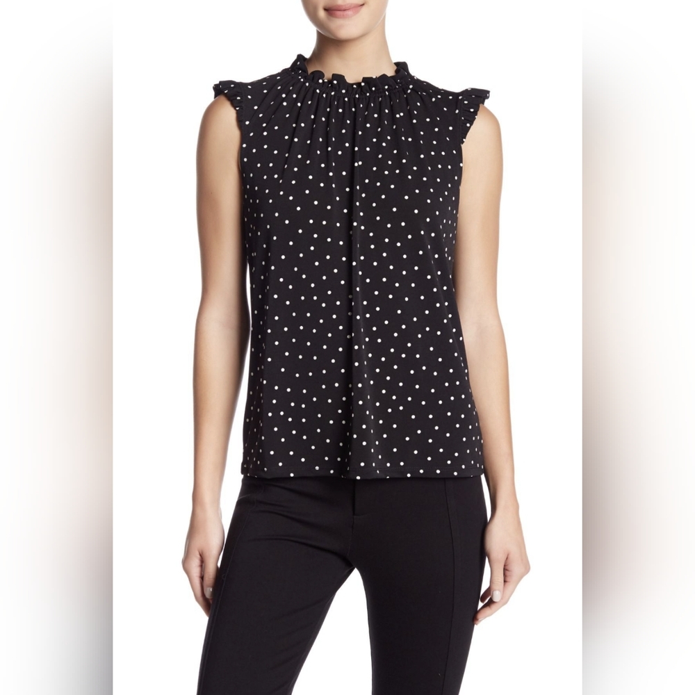 Adrianna Papell Sleeveless Polka Dot Blouse with Ruffle Cap Sleeves - Size Large